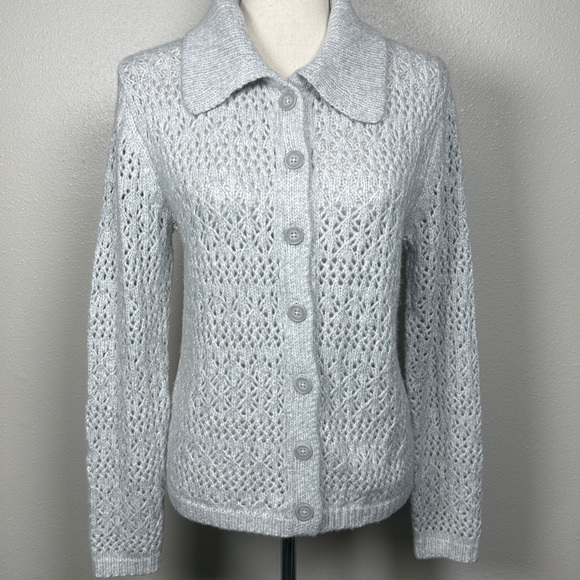 Joie Open Knit Pointelle Cardigan Sweater SM Button Up Shawl Collar Scandi Femme - Picture 4 of 15